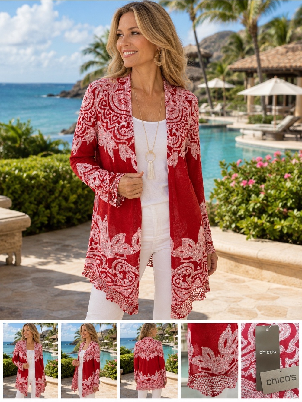 : Chico’s Dazzling Paisley Sweater Cardigan Red White Open Front Size 2 large